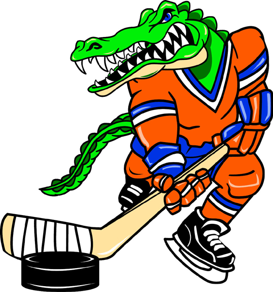 Gator hockey player team mascot color vinyl sports decal. Personalize as you order. Gator Hockey 1